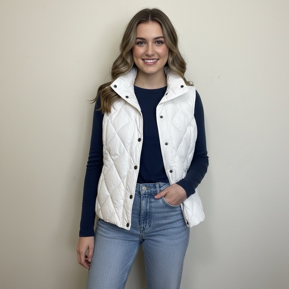 Lands' End White Diamond Quilted Full Zip Pufferโ Vest Women's Size M 10/12